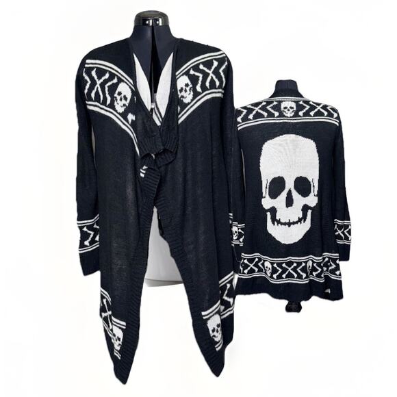 Hot Topic S/M Black White Skull Bones Long Open Cardigan Sweater Duster Emo Goth - Picture 1 of 9